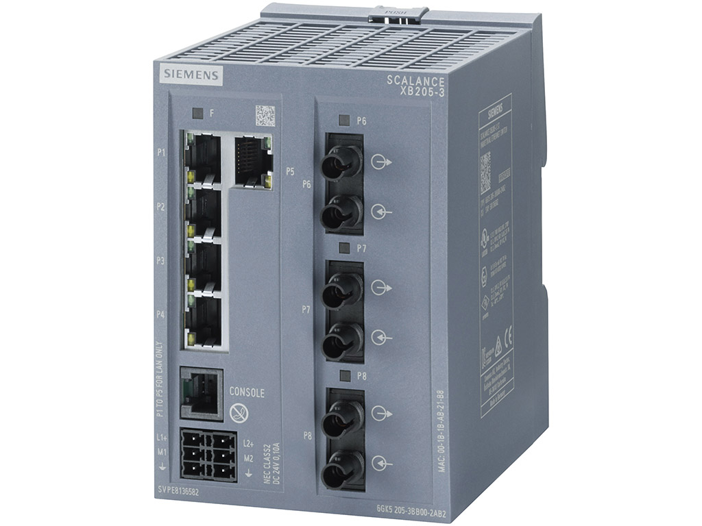 Switch công nghiệp 5 cổng RJ45 10/100 Mbps + 3 cổng MM FO ST + 1 cổng quản lý (PROFINET) SCALANCE XB205-3 Managed & Layer 2 6GK5205-3BB00-2AB2