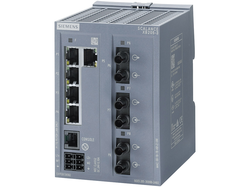 Switch công nghiệp 5 cổng RJ45 10/100 Mbps + 3 cổng MM FO ST + 1 cổng quản lý (EtherNet/IP) SCALANCE XB205-3 Managed & Layer 2 6GK5205-3BB00-2TB2