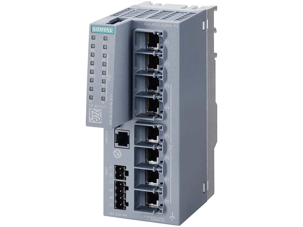 Switch công nghiệp 8 cổng RJ45 10/100/1000 Mbps (6 cổng PoE) + 1 cổng quản lý SCALANCE XC208G PoE Managed & Layer 2 6GK5208-0RA00-5AC2