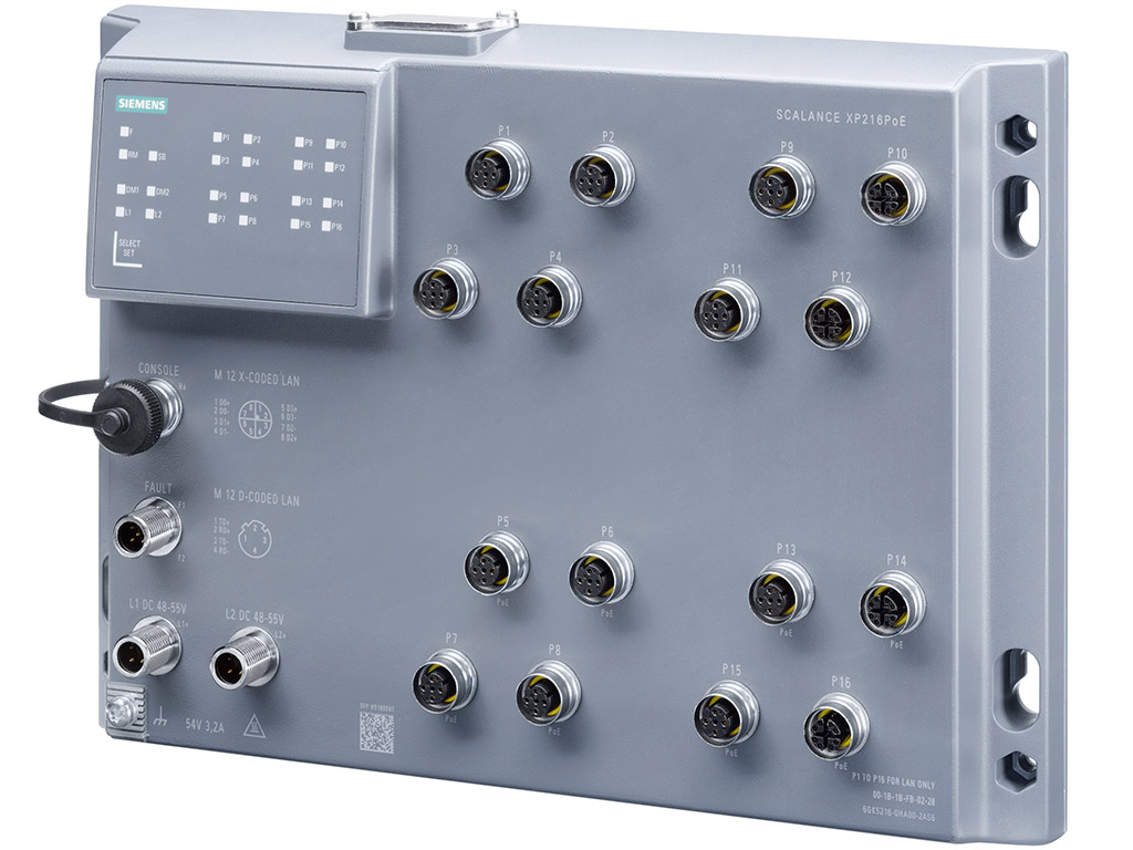 Switch công nghiệp 12 cổng M12 10/100 Mbps + 4 cổng M12 10/100/1000 Mbps, IP65, IEC 62443-4-2 SCALANCE XP216 Managed & Layer 2 6GK5216-0HA00-2AS6