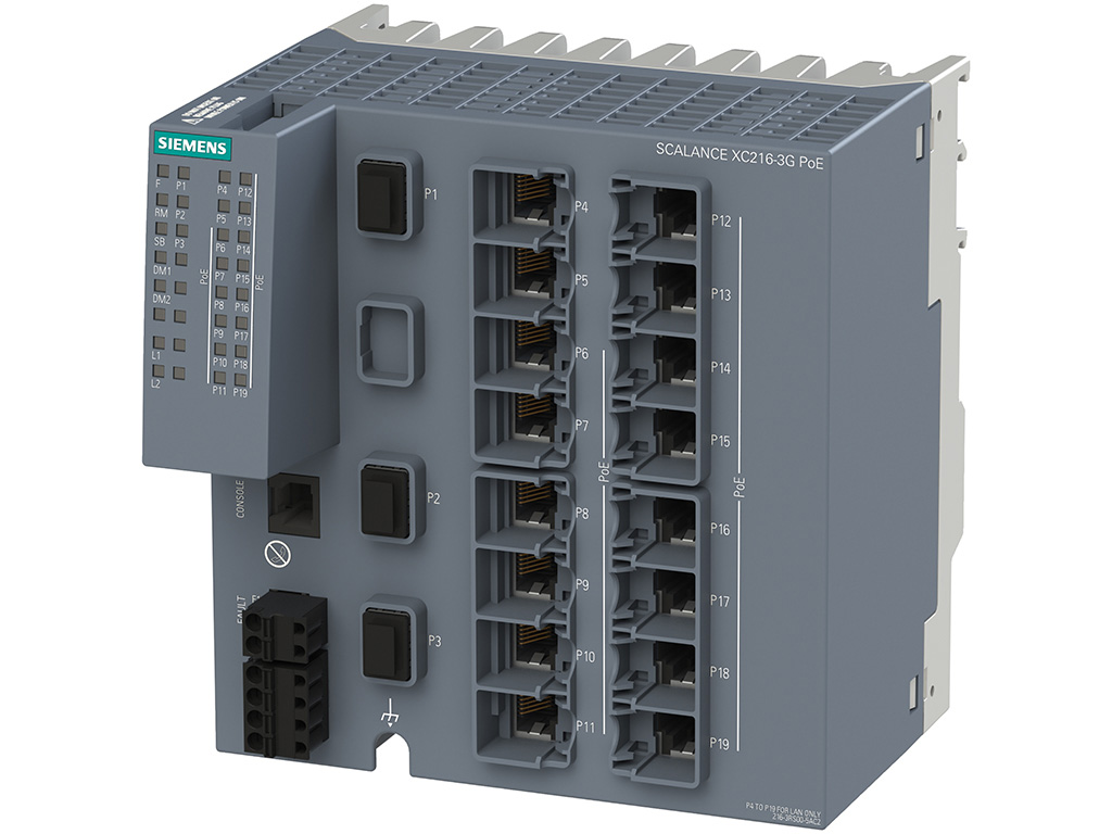 , Switch công nghiệp 16 cổng RJ45 10/100/1000 Mbps (14 cổng PoE) + 2 cổng SFP+ 1000/10000 Mbps + 1 cổng SFP 1000 Mbps + 1 cổng quản lý SCALANCE XC216-3G PoE Managed & Layer 2 6GK5216-3RS00-5AC2