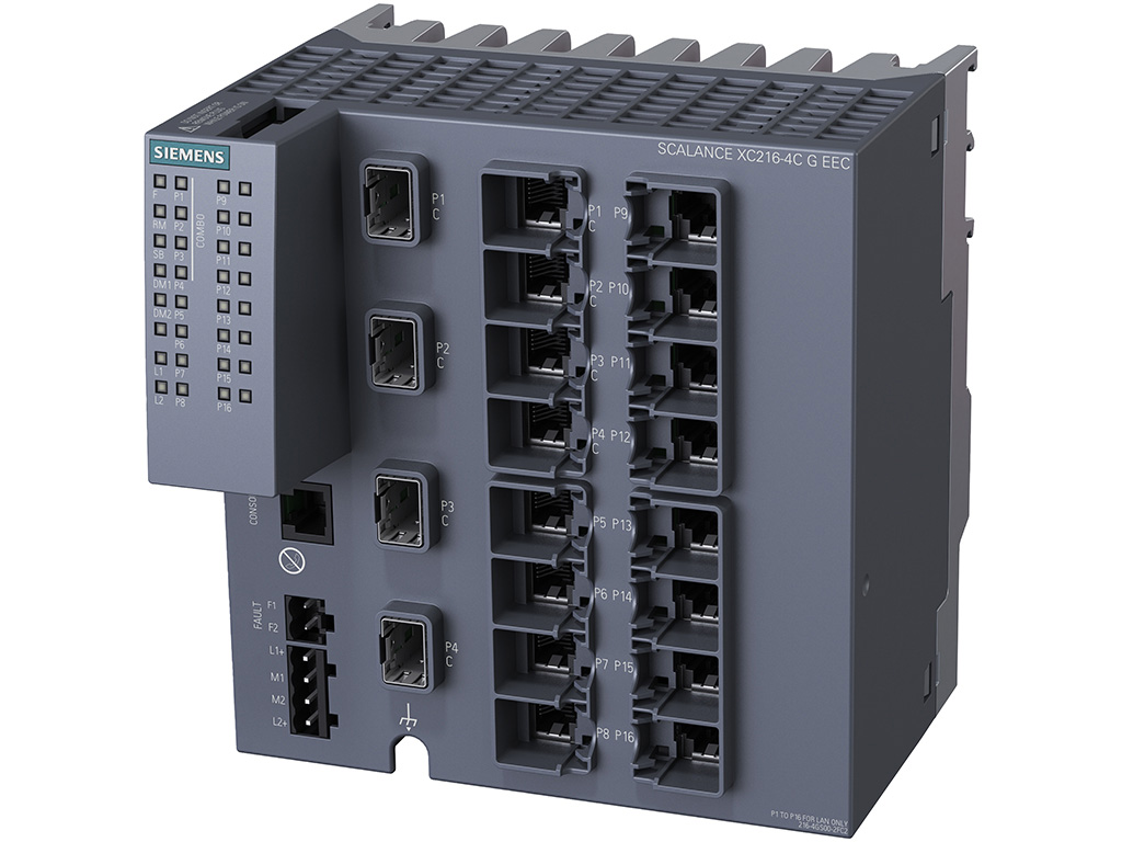 Switch công nghiệp 12 port RJ45 10/100/1000 Mbps + 4 port 1000 Mbps + 1 port quản lý SCALANCE XC216-4C G EEC Managed & Layer 2 6GK5216-4GS00-2FC2