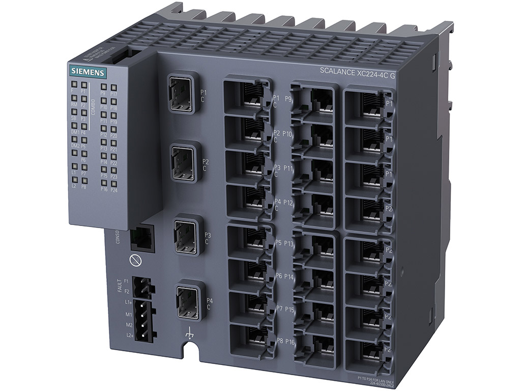 Switch công nghiệp 20 cổng RJ45 10/100/1000 Mbps + 4 cổng 1000 Mbps + 1 cổng quản lý SCALANCE XC224-4C G Managed & Layer 2 6GK5224-4GS00-2AC2