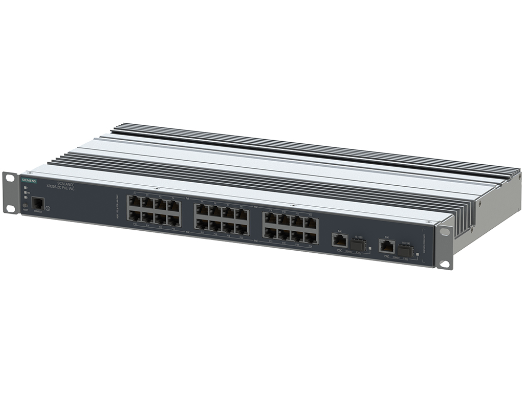 Switch công nghiệp 24 cổng PoE RJ45 1GE + 2 cổng PoE 10GE (cổng điện/quang) SCALANCE XR326-2C PoE WG Managed & Layer 2 6GK5326-2QS00-3AR3