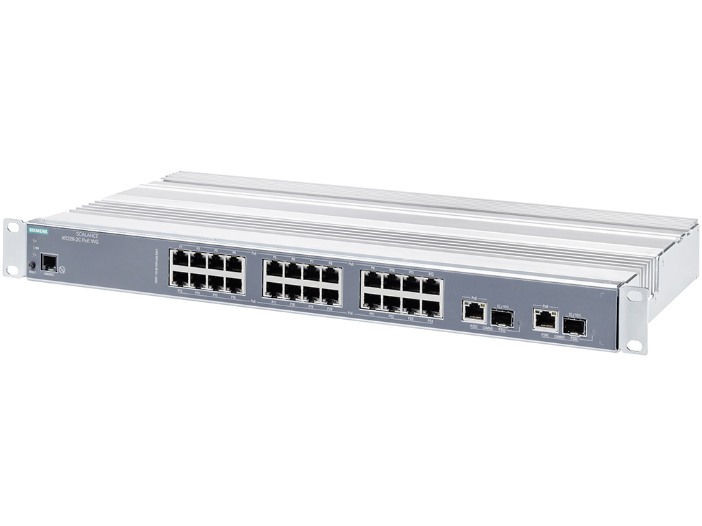 Switch công nghiệp 24 cổng PoE RJ45 1GE + 2 cổng PoE 10GE (cổng điện/quang) SCALANCE XR326-2C PoE WG Managed & Layer 2 6GK5326-2QS00-3RR3